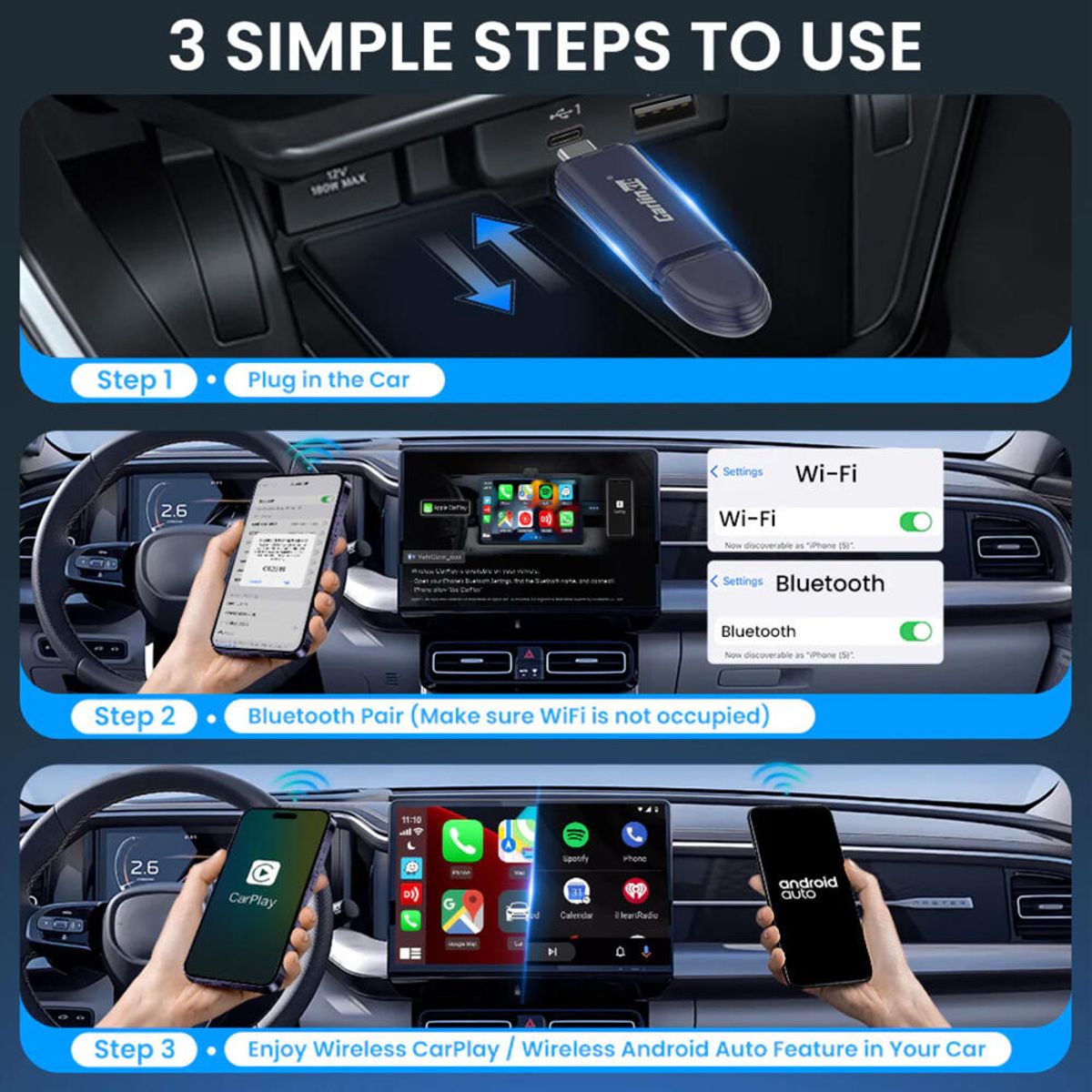 Carlinkit Apple Carplay/Android Auto Kablet-til-trådløs adapter